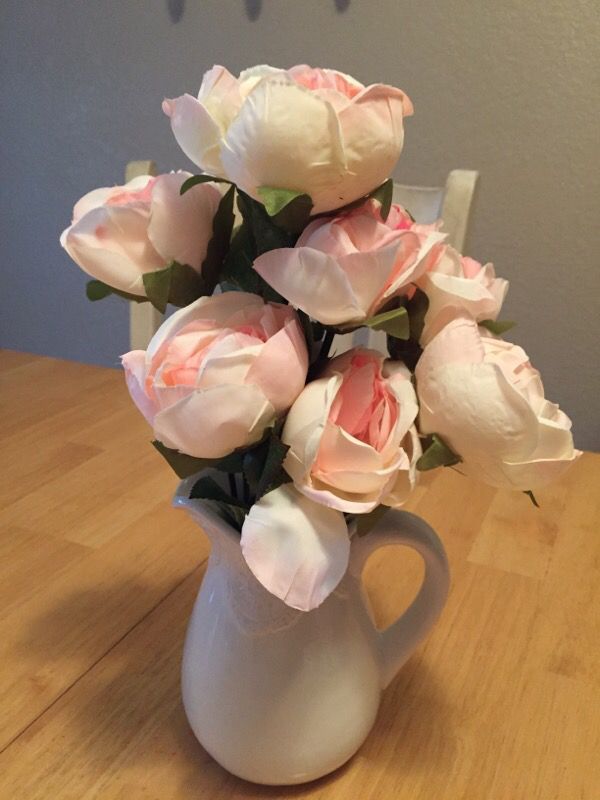Shabby chic flower pitcher and peony flowers