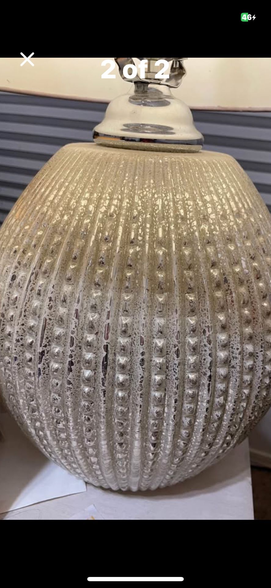 Ceramic cream color base lamp 16”h w/cloth shade silver color hardware