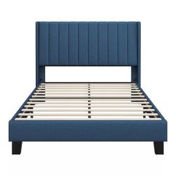 Full Upholstered Platform Bed Frame Tufted Headboard Navy Blue