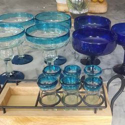 Margarita and Matching Shot Glasses With Wood Holder