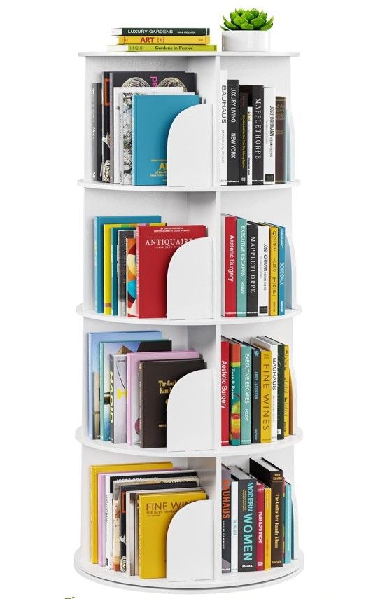 4 Tier Rotating Bookshelf Tower, Spinning Bookcase Lazy Susan, Revolving 360 Book Shelf Storage Round Carousel, Vertical Rotate Turning Spiral Corner