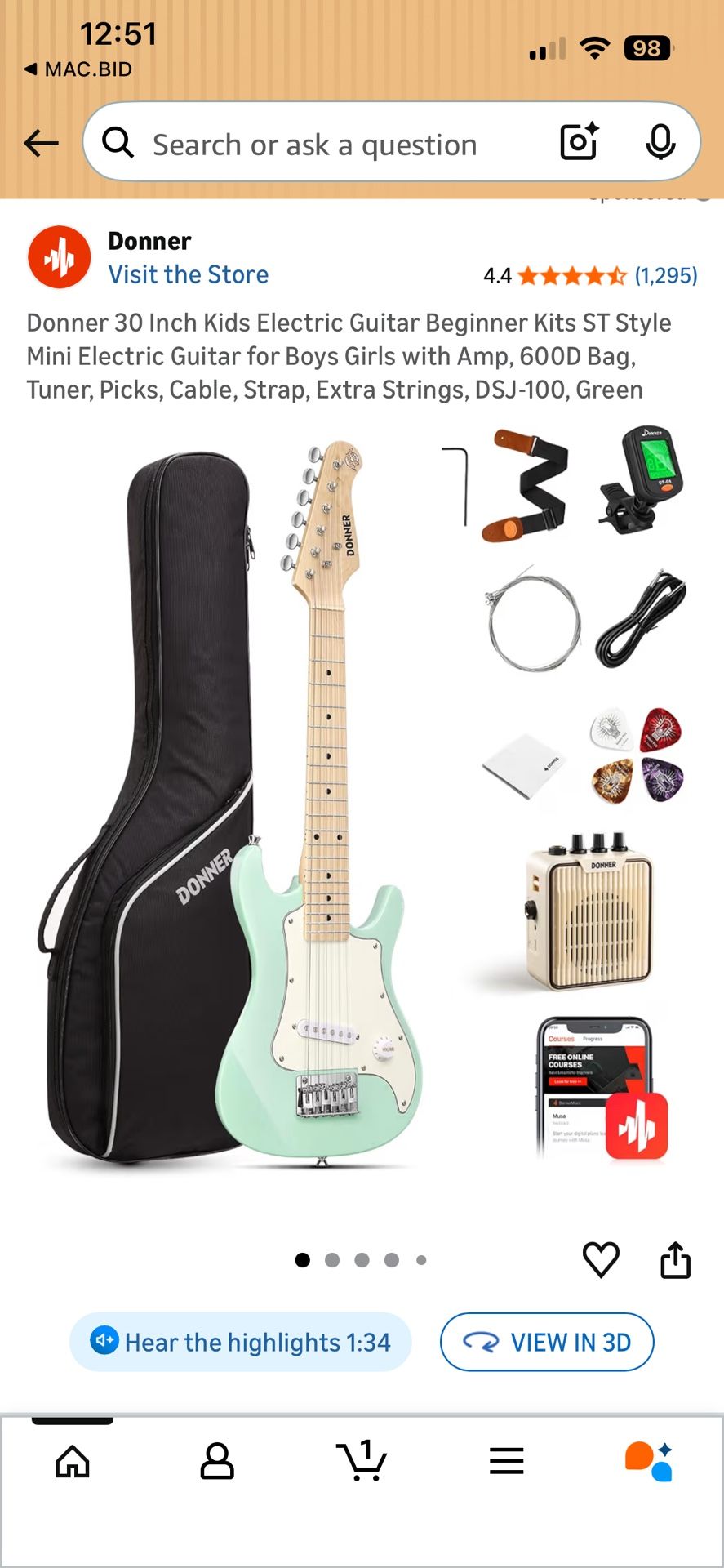 🎸 Kids Electric Guitar Starter Kit w/ Amp – Donner Mini ST – Like New