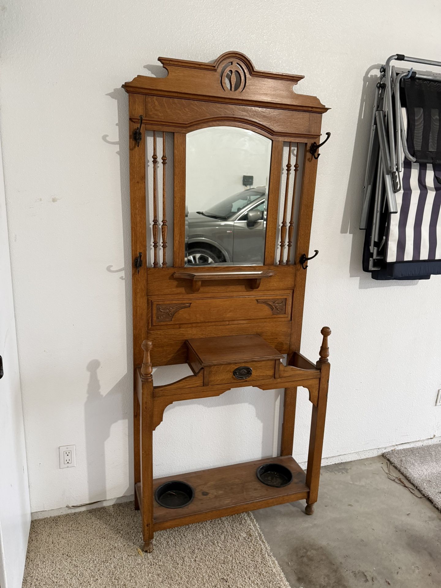 Antique Oak Hall Tree with Original Mirror
