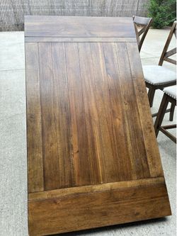 Counter height farmhouse table with 4 chairs, bench, and two leafs