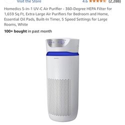 Homedics 5-in-1 UV-C Air Purifier - 360-Degree HEPA Filter for 1,659 Sq Ft, Extra Large Air Purifiers for Bedroom and Home, Essential Oil Pads, Built-