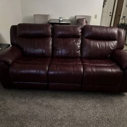 Burgundy full leather sofa with recliners