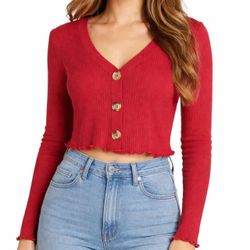 Altar’d State Grunge Ribbed Cropped Cardigan Lettuce Edge Red S
