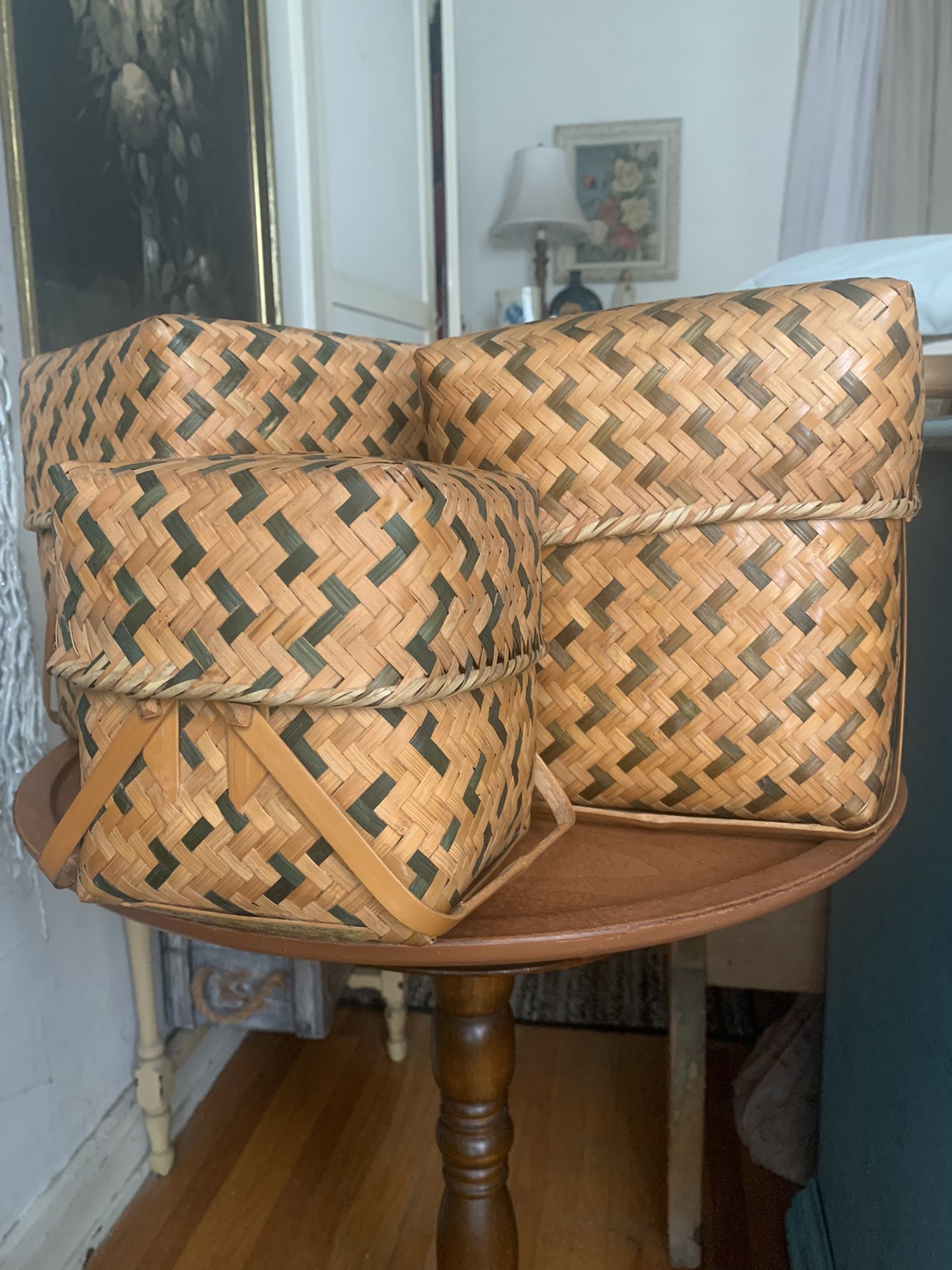 Set of 3 Imported Decorative Storage Baskets with Lids & Handles