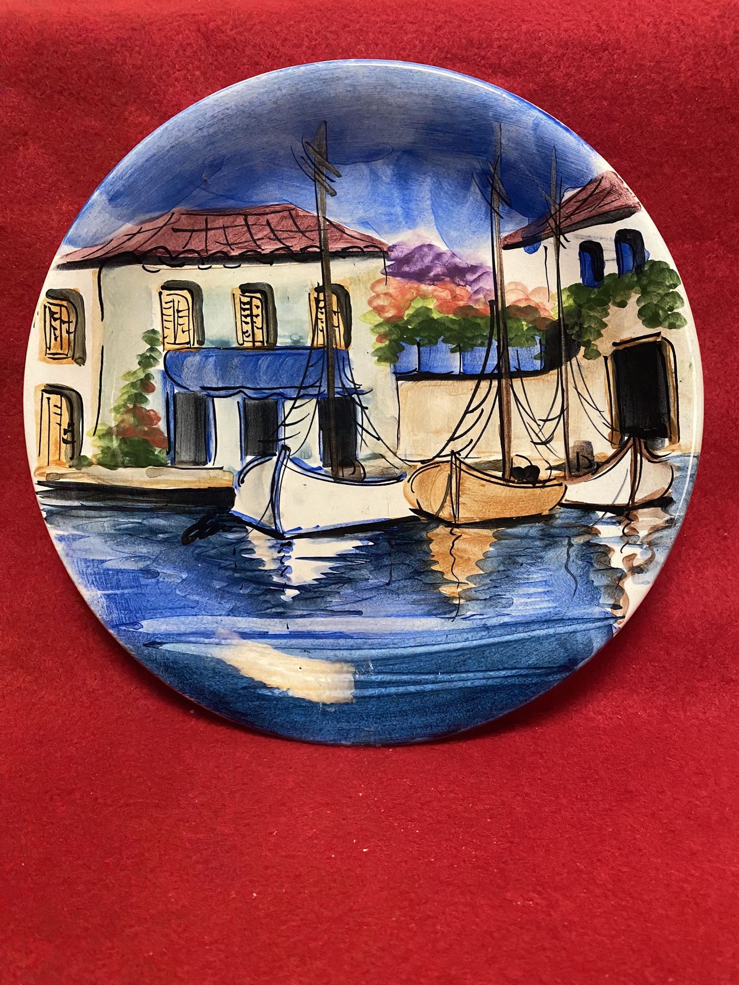8.25 Inch Handmade Hand Painted Blue Ceramic Wall Hanging Plate Imported From Greece