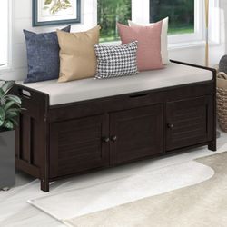NEW Storage Bench W/ Removale Cushion, Entryway Bench, 3 Shutter Doors !