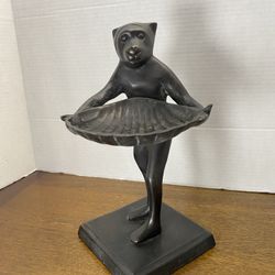 Vintage Bronze Metal Monkey Holding Shell-Shaped Tray Figurine Over 2lbs