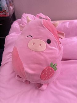 Squishmallows Pink Strawberry Cow Plush Backpack