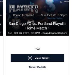 4 SDFC Playoff Tickets Section 102 Row 7