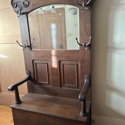 Antique Tiger Oak Hall Tree with Mirror – Circa 1900