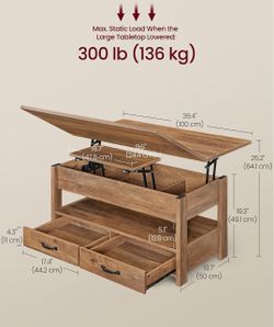 VASAGLE Lift Top Coffee Table 3 in 1 Center Table w/ Storage & 2 Drawers - Honey Brown