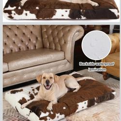 Plush Waterproof Dog Crate Bed Faux Fur Kennel Pad for Extra Large Dogs Removable Washable Cover 41x27 Cow Print