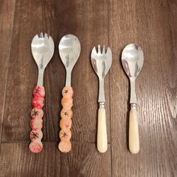 4 stainless steel fork & spoon serving utensils, decorative tomato, solid cream-colored handles