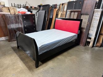 Black Wood Bed Frame with Red Upholstered Headboard