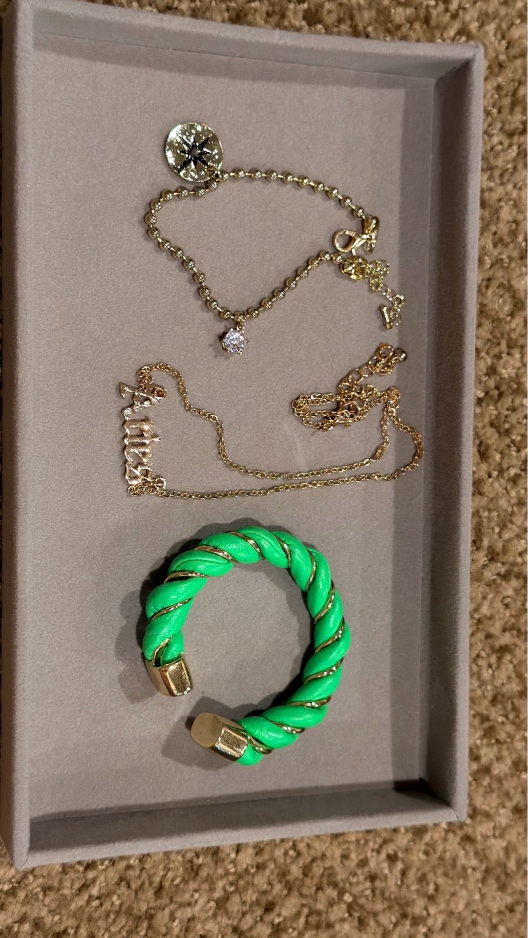 3 Brand New Jewelry Set - Gold Star Bracelet, "Libra" Necklace, Green Twisted Cuff Bracelet (No Box/Tags)