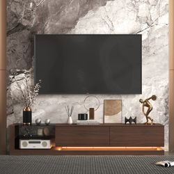 89.4" Brown/Black Wood TV Stand with Three-Color LED Light Strip, Sliding Drawers and Open Glass Storage Compartment