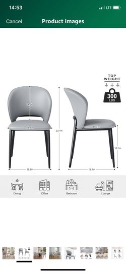 Modern Dining Chairs Set of 2, Upholstered Faux Leather Kitchen Chairs, Comfortable Kitchen & Dining Room Chairs with Curved Back and Metal Legs (Gray