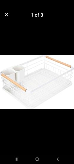 Modern Wood Handle Dish Rack and Drain Board, 16.5" x 12" x 5.5" Kitchen Plate Cup Dish Drying Rack