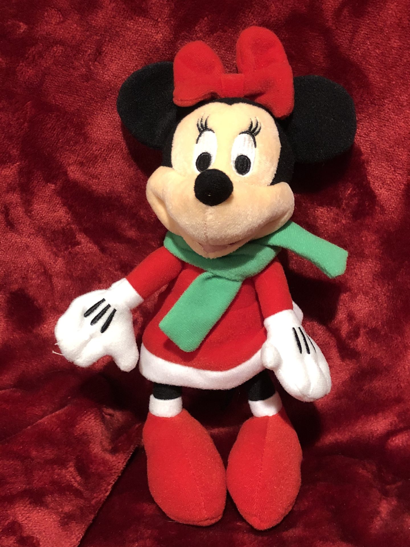 Disney Minnie Mouse Christmas red dress with green scarf and red bow plush plushie stuffed animal toy sale 9” tall. Great for Christmas tree or Chris