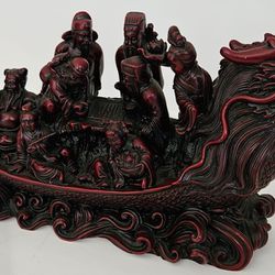 8 Immortals On Dragon Boat for Good Fortune and Longevity Red Resin