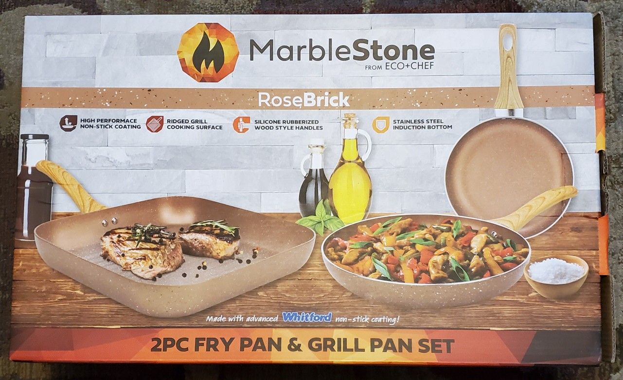 Eco+Chef MarbleStone Marble Stone RoseBrick Rose Brick 2-Piece Fry Frying Pan & Grill Grilling Pan Set New