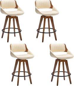 Bar Stools Set of 4 Mid Century Modern Beige Faux Leather Upholstered Counter Height Barstools,,25.6-Inch Armless Counter Stools with Wood Back and Le