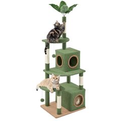 59in Cat Tree for Indoor Cats with Green Leaves, MultiLevel Large Cat Tower with Spacious Platform, Cat Scratching Posts, Double-Level Cat Condo, Fluf