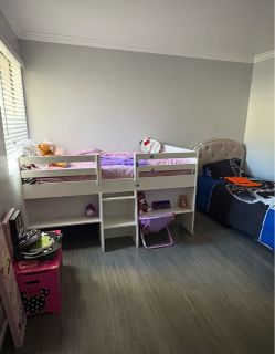 White Twin Loft Bed with Shelves and Ladder