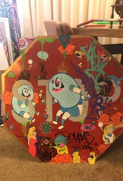 Painting on antique stop sign. Oil and acrylic and spray. 225$ Originally Priced at $450