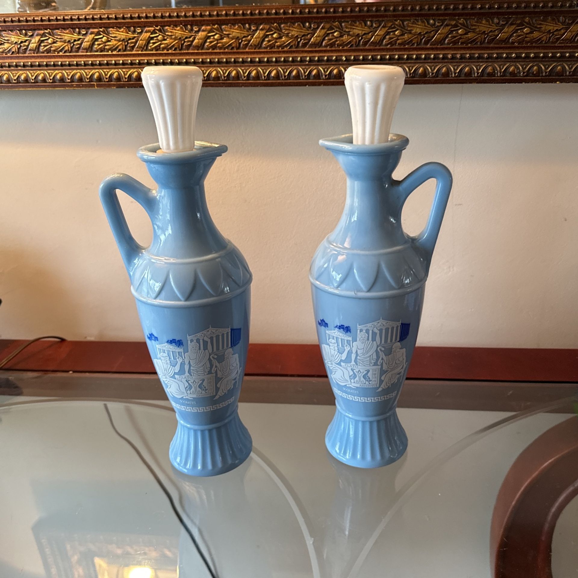 Vtg Jim Beam 1961 Grecian Urn Blue Milk Glass Decanter Socrates Plato Aristotle