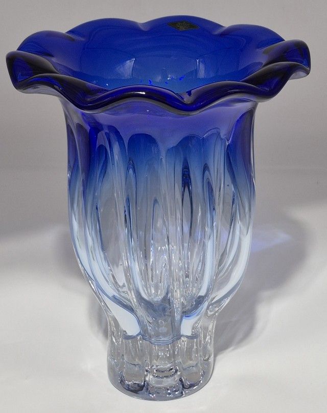 Shannon Crystal Designs Of Ireland Cobalt Blue Ruffle Top Vase 13" Hand Blown
