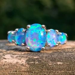5 Blue Fire Opal Silver Cluster Multi-Stone Ring - Size 5