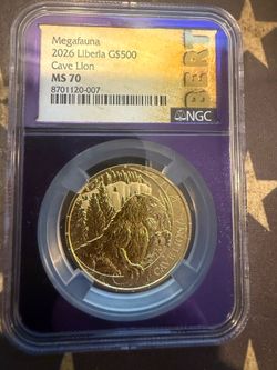 Megafauna 2026 Liberia G$500 Cave Lion MS70 1oz Gold .9999