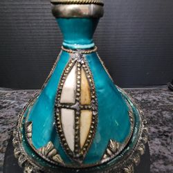 Vintage Metal Inlaid Morrocan Turquoise Tagin Pottery 9" 