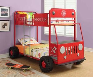 Kids fire rescue bunk bed set twin by coaster