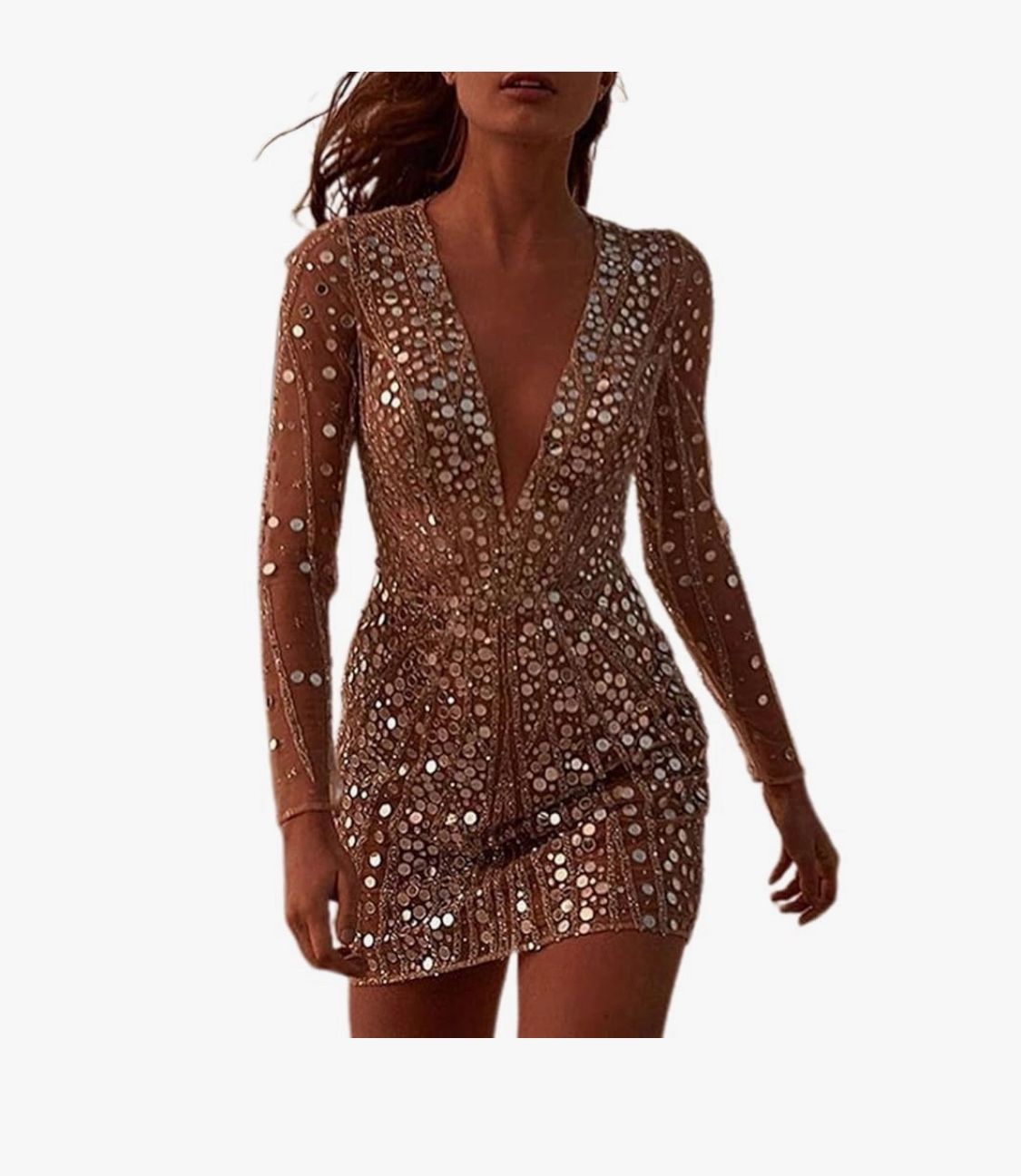 Women's Sexy Deep V Neck Glitter Sequins Striped Mesh Bodycon Cocktail Party Mini Dress Long Sleeve Bodycon Dress