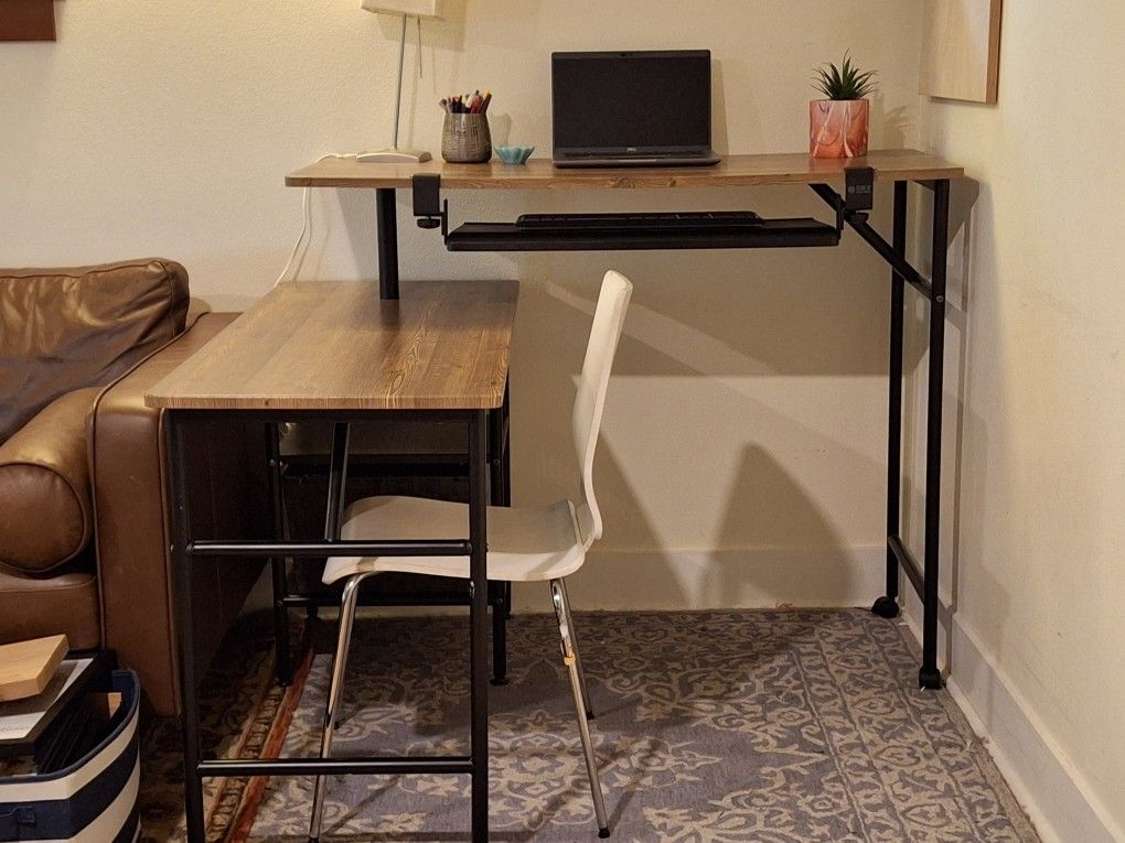 L Shape Stand and Sit Corner Desk + Keyboard Tray