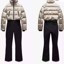 Zara Ski Suit Champagne Gold Metallic and Black New With Tags
