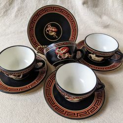 4 Hand Made Greek Demitasse Tea Coffee Cup & Saucer Set Warriors