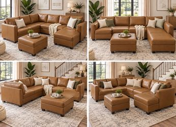 Large Cognac Sectional + Ottoman