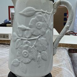 Antique Victorian Pitcher With Flowers And Metal Lid
