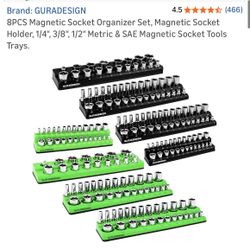 8PCS Magnetic Socket Organizer Set, Magnetic Socket Holder, 1/4", 3/8", 1/2" Metric & SAE Magnetic Socket Tools Trays.