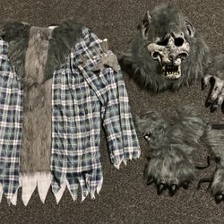 Spooktacular Creations Werewolf costume boys size XL (14/16) -shirt, mask, hand coverings, shoe coverings 