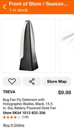 BRAND NEW NIB SEALED TREVA Bug Fan Fly Deterrent with Holographic Blades, Black, 1 5.5 in Dia, Battery Powered Desk Fan