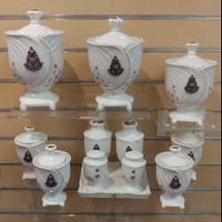 12pc Kitchen canister / storage container set ( NEW ) ceramic. white. purple