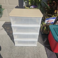 4  PLASTIC STORAGE DRAWERS WITH WOOD TOP